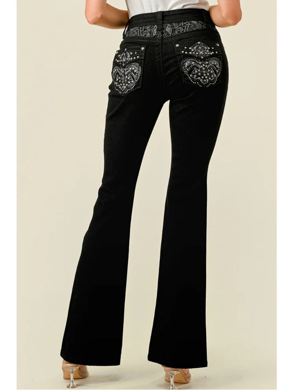 Westfield Eagle Western Black Embroidered Flare Jeans Size 5 Rhinestones Sequins